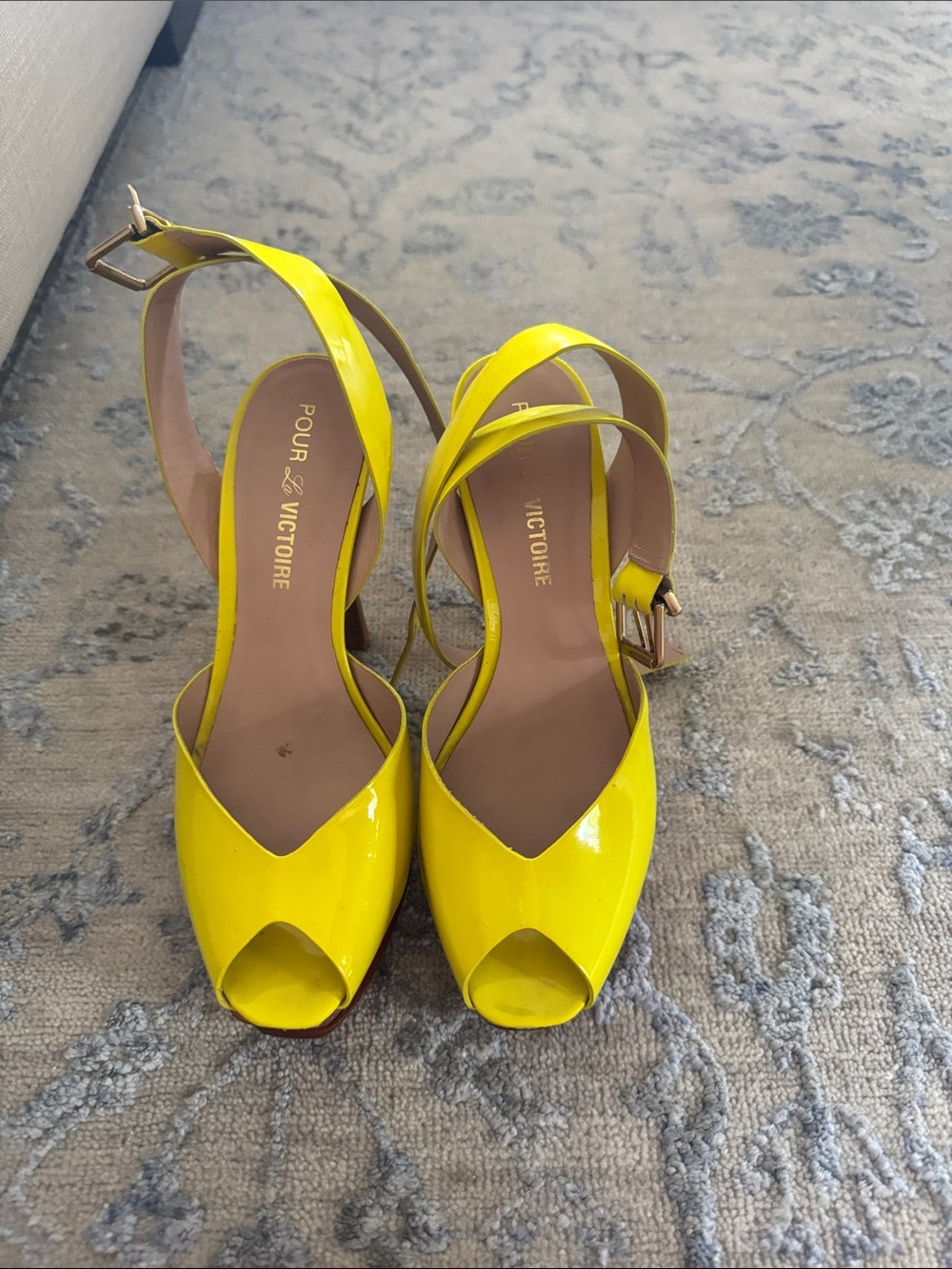 Pour La Victoire Yellow Patent Peep-Toe Slingback Heels
